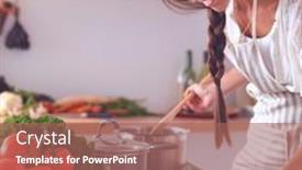  Presentation with computer - PPT layouts with young-woman-using-a-tablet background and a coral colored foreground