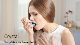  Presentation with asthma - PPT theme featuring young woman using asthma inhaler background and a coral colored foreground