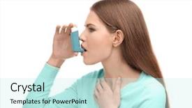  Presentation with inhaler - Presentation theme having young woman using asthma inhaler background and a cool aqua colored foreground