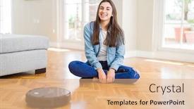  Presentation with clean - Presentation design enhanced with young woman using automatic vacuum cleaner to clean the floor controling machine housework robot background and a coral colored foreground