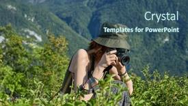  Presentation with mountains - Slides having young-woman-using-camera background and a ocean colored foreground