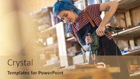  Presentation with drill - Presentation theme with young-woman-using-electric-drill background and a coral colored foreground