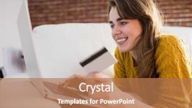  Presentation with credit card - Audience pleasing slide deck consisting of young woman using her credit backdrop and a coral colored foreground