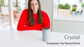  Presentation with voice - PPT layouts having young woman using home intelligent device interactive voice assistant system background and a white colored foreground