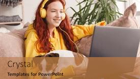  Presentation with social networks - PPT theme featuring young-woman-using-laptop-checking background and a coral colored foreground