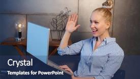  Presentation with computer - Presentation theme consisting of young woman using laptop computer having video call waving to partner smiling happy background and a ocean colored foreground