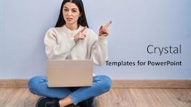  Presentation with laptop - PPT theme featuring young-woman-using-laptop-sitting background and a light blue colored foreground