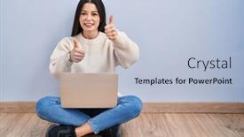  Presentation with laptop - Slides having young-woman-using-laptop-sitting background and a light blue colored foreground