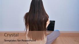  Presentation with home care - PPT theme having young-woman-using-laptop-sitting background and a coral colored foreground