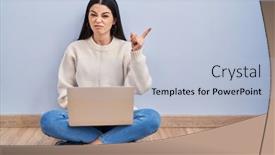  Presentation with forefinger - Theme enhanced with young-woman-using-laptop-sitting background and a light blue colored foreground