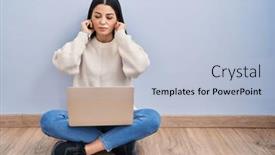  Presentation with laptop - Slide deck enhanced with young-woman-using-laptop-sitting background and a light blue colored foreground