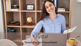  Presentation with writing - Theme featuring young-woman-using-laptop-writing background and a coral colored foreground