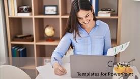  Presentation with writing - Theme enhanced with young-woman-using-laptop-writing background and a light gray colored foreground