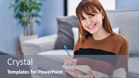  Presentation with writing - PPT layouts featuring young-woman-using-laptop-writing and a gray colored foreground