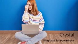  Presentation with laptop - Presentation theme with young-woman-using-laptop background and a  colored foreground