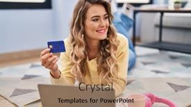  Presentation with credit card - Slides having young-woman-using-laptop background and a coral colored foreground