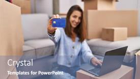  Presentation with credit card - Presentation theme with young-woman-using-laptop background and a seafoam green colored foreground