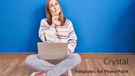  Presentation with laptop - Slide deck featuring young-woman-using-laptop background and a coral colored foreground