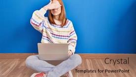  Presentation with sad woman - PPT layouts having young-woman-using-laptop background and a coral colored foreground