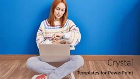  Presentation with laptop - Slide set with young-woman-using-laptop background and a  colored foreground