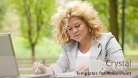  Presentation with park - PPT theme enhanced with young-woman-using-laptop background and a soft green colored foreground