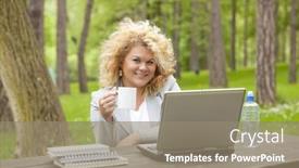  Presentation with park - Beautiful PPT theme featuring young-woman-using-laptop backdrop and a gray colored foreground