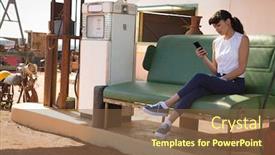  Presentation with petrol station - Amazing PPT theme having young-woman-using-mobile-phone backdrop and a tawny brown colored foreground