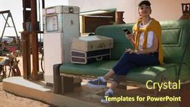  Presentation with petrol station - Slides featuring young-woman-using-mobile-phone background and a tawny brown colored foreground