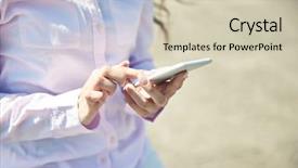  Presentation with phone - Slide deck enhanced with young woman using mobile phone background and a soft green colored foreground