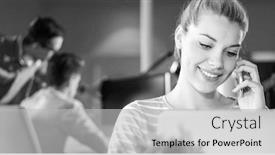  Presentation with dark night - Slides with young woman using mobile phone while working on computer at night in dark office background and a light gray colored foreground