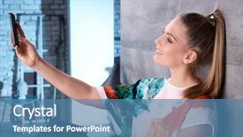  Presentation with young sing woman singing young - PPT theme having young woman using mobilephone making background and a  colored foreground