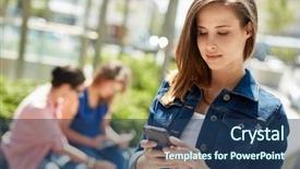  Presentation with outdoors - Beautiful slide set featuring young woman using mobilephone standing backdrop and a ocean colored foreground