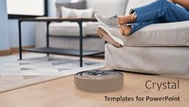  Presentation with robot - Slide set having young-woman-using-smartphone-cleaning background and a coral colored foreground