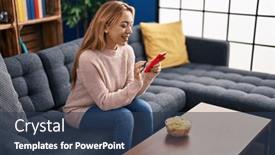  Presentation with eating - Presentation theme having young-woman-using-smartphone-eating background and a  colored foreground