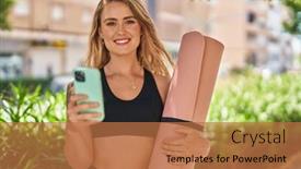  Presentation with smartphone - Slide deck with young-woman-using-smartphone-holding and a coral colored foreground