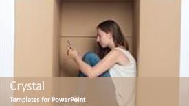  Presentation with smartphone - PPT layouts featuring young-woman-using-smartphone-inside background and a coral colored foreground