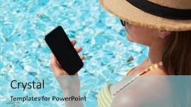  Presentation with rideshare taxi app on smartphone - Presentation design having young woman using smartphone near background and a arctic colored foreground