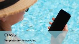  Presentation with smartphone app - Presentation theme enhanced with young woman using smartphone near background and a arctic colored foreground