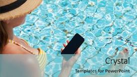  Presentation with smartphone app - Cool new PPT theme with young woman using smartphone near backdrop and a light blue colored foreground