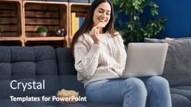  Presentation with eating - PPT theme having young-woman-using-smartphone background and a  colored foreground