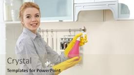  Presentation with spray - Audience pleasing PPT theme consisting of young-woman-using-spray-cleanser backdrop and a soft green colored foreground