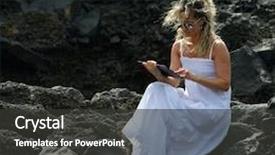  Presentation with rocky - Beautiful presentation featuring young woman using tablet on rocky beach in summer backdrop and a dark gray colored foreground