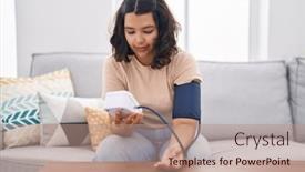  Presentation with home - Slide set having young-woman-using-tensiometer-sitting background and a coral colored foreground