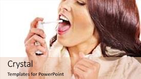  Presentation with spray - Slides consisting of young woman using throat spray isolated background and a coral colored foreground