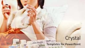  Presentation with spray - Cool new slide deck with young woman using throat spray indoors backdrop and a lemonade colored foreground