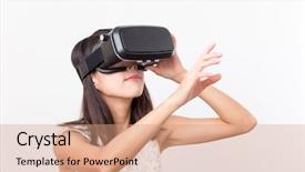  Presentation with virtual reality - Cool new slide deck with young woman using virtual reality backdrop and a coral colored foreground