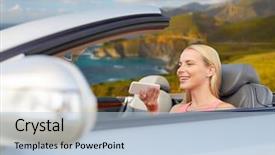  Presentation with road trip - Presentation theme having young woman using voice command background and a light blue colored foreground