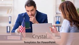  Presentation with embassy - Colorful PPT theme enhanced with young-woman-visiting-american-embassy backdrop and a coral colored foreground