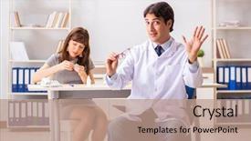  Presentation with ophthalmologist - Slide deck consisting of young woman visiting male doctor background and a  colored foreground