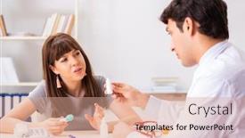  Presentation with ophthalmologist - Presentation theme with young woman visiting male doctor ophthalmologist in hospital background and a coral colored foreground